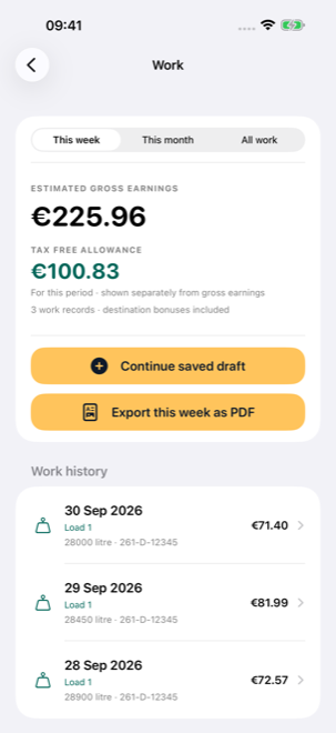 Truckers work summary with estimated earnings, allowances and numbered loads